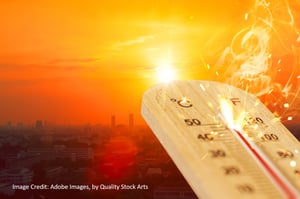 A thermometer juxtaposed with the hot city of Austin, Texas in the background