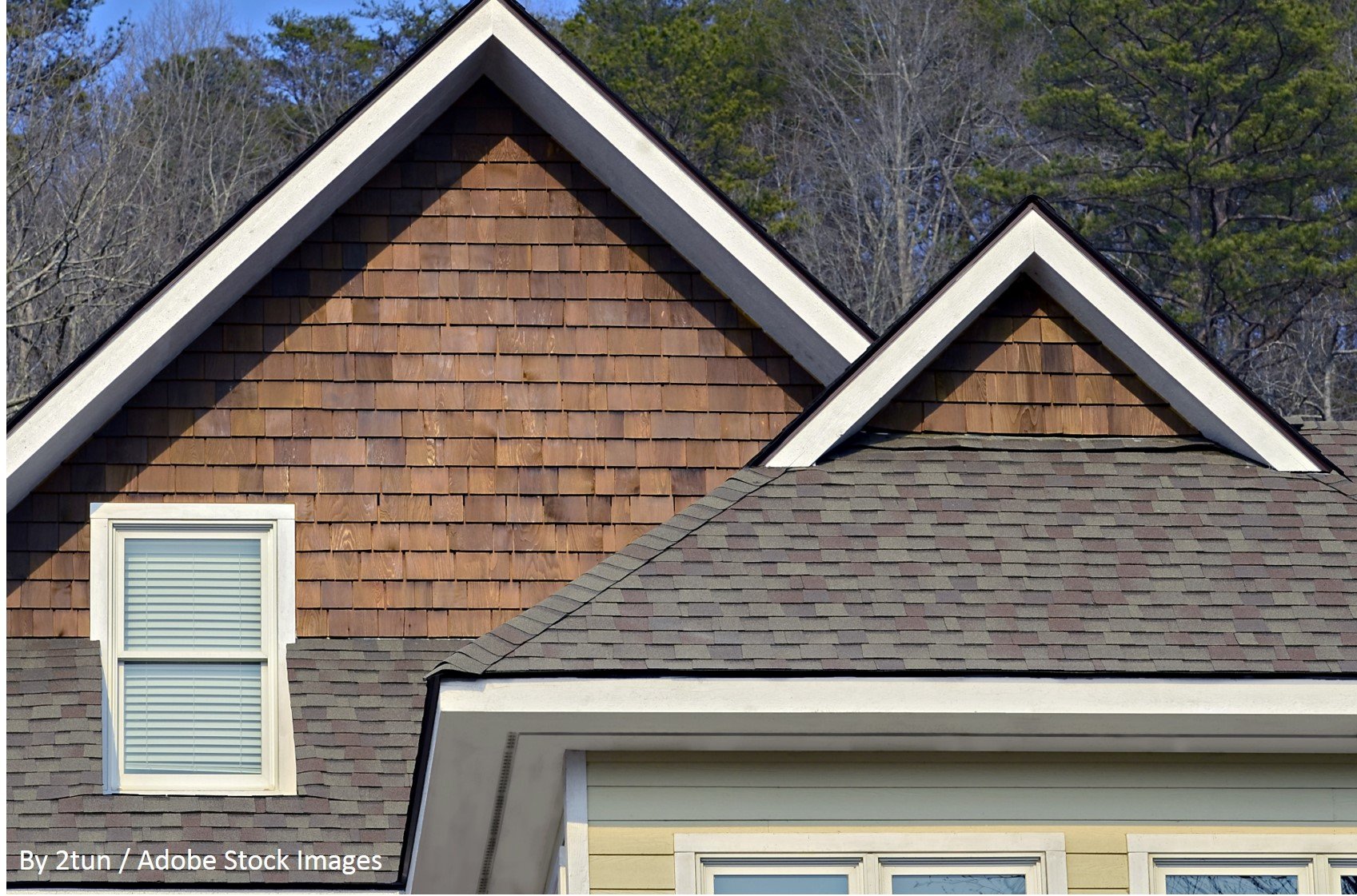 A home features wood cedar shake gables and gray dimensional shingle roofing beside bare winter trees.