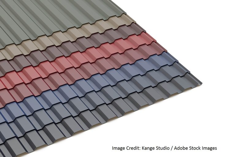 Rows of metal roofing tiles in gray, red, blue, and green fan out to display color sample options.