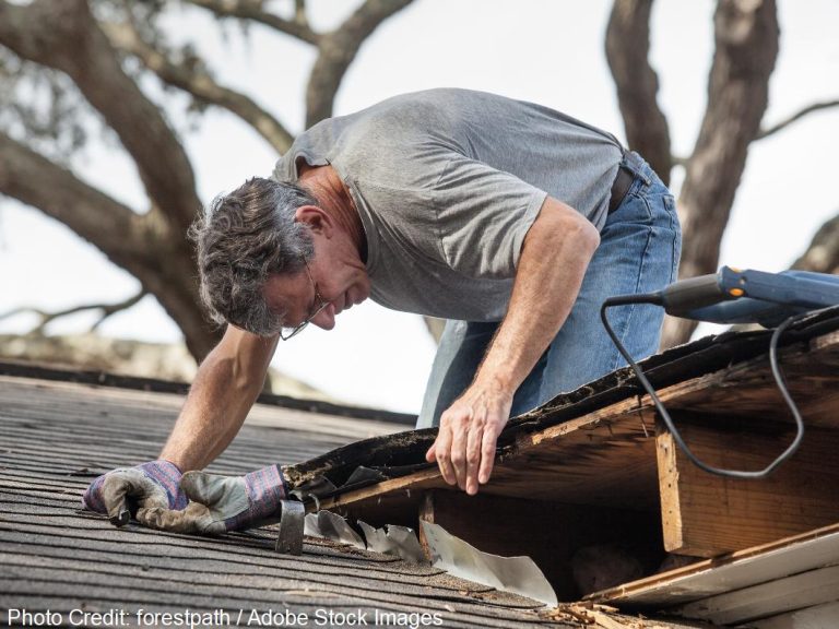 A man wearing gloves inspects and repairs damaged wooden fascia boards along a roof edge beneath oak trees.