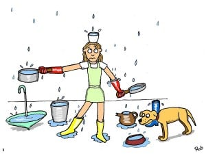 Cartoon illustration of a woman using pots, pans, and buckets to catch water dripping from a leaking roof during rain.