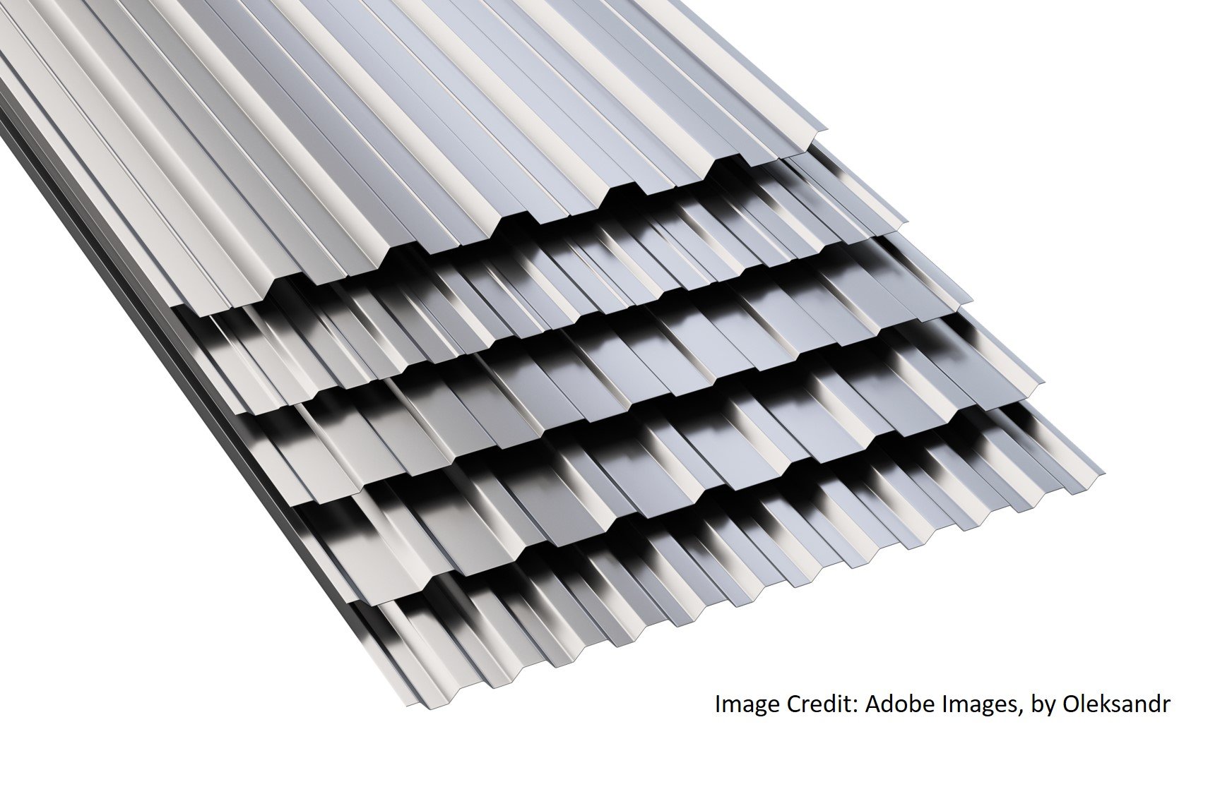 Several corrugated metal roofing panels are stacked neatly, showcasing their ridged design and silver finish.