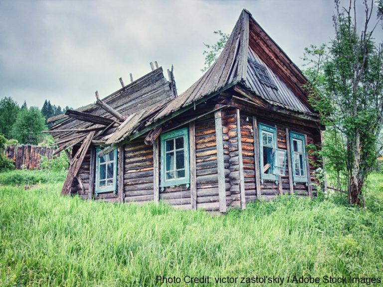 A collapsing wooden roof sags atop an old log cabin, illustrating the kind of severe damage that signals it's time for a full roof replacement.