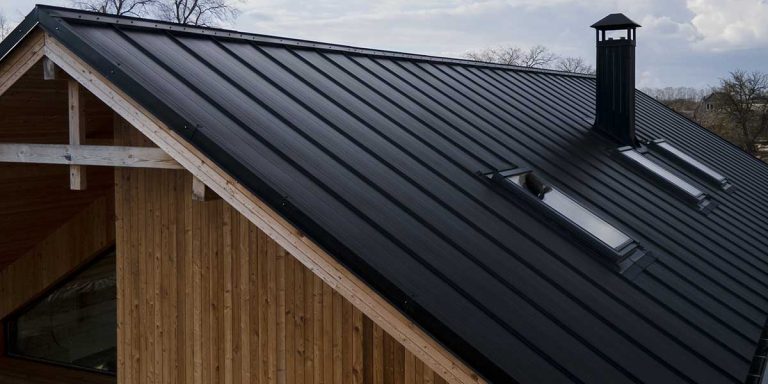 Sleek black standing seam metal roof with skylights and a chimney cap on a modern timber-clad home under a cloudy sky.