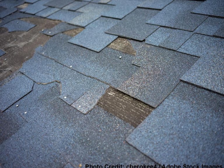 A close-up shows worn blue-gray asphalt shingles with visible granule loss and a patch of exposed dark underlayment.